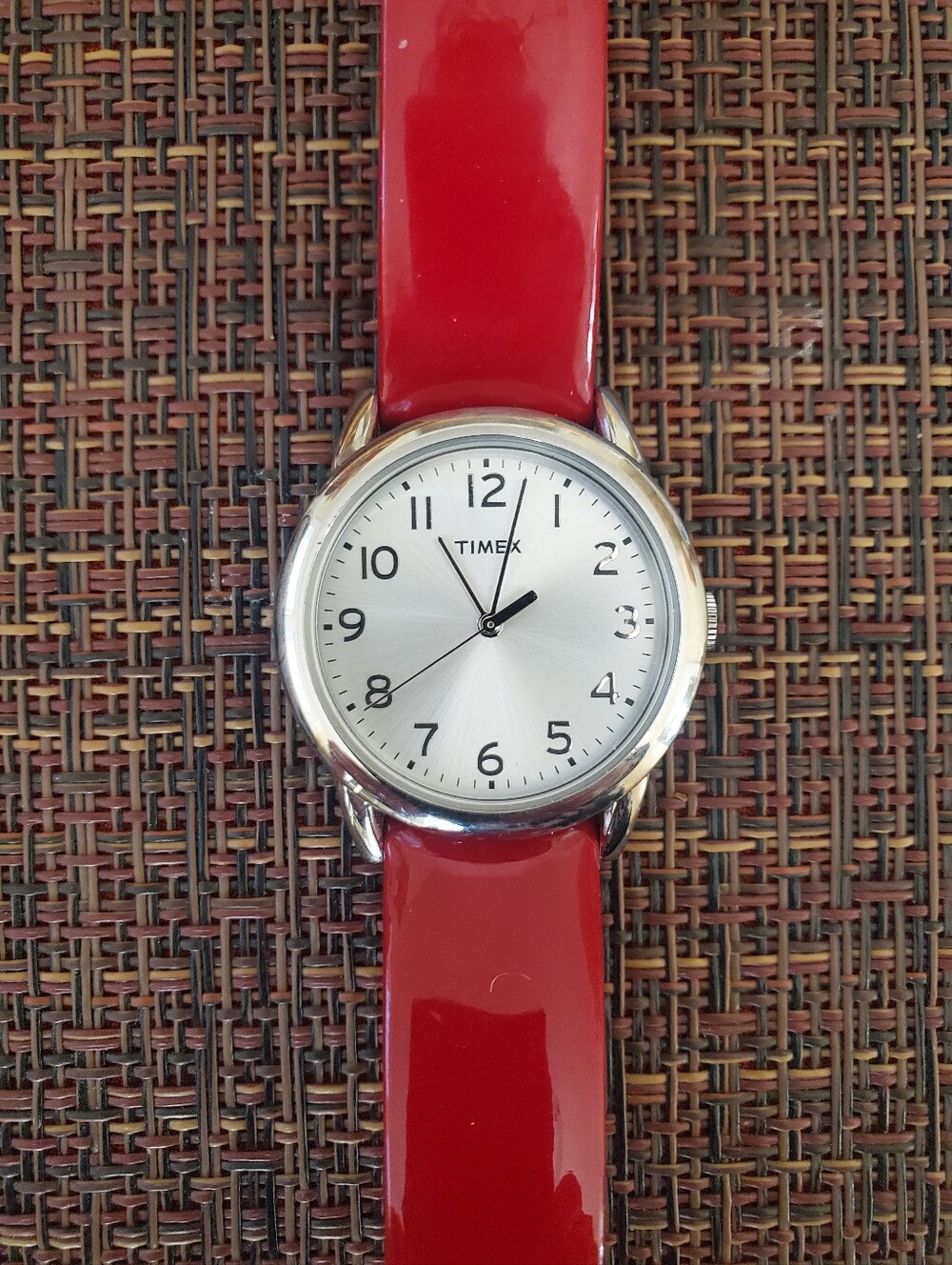 Timex Silver Dial Watch with Glossy Red Patent Leather Strap
